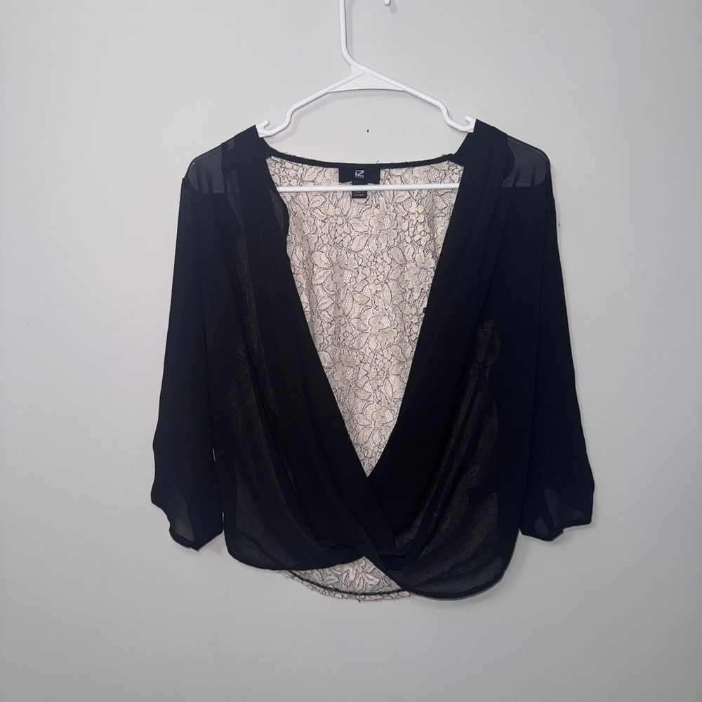 IZ Byer Women's Black Sheer Wrap Front w/ Lace Back‎ Blouse - Size Medium